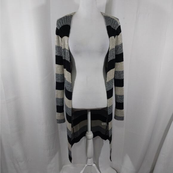 VENUS! BLACK/GRAY/SILVER METALLIC RIBBED KNIT DUSTER LENGTH CARDI SWEATER! SZ S - Picture 3 of 13